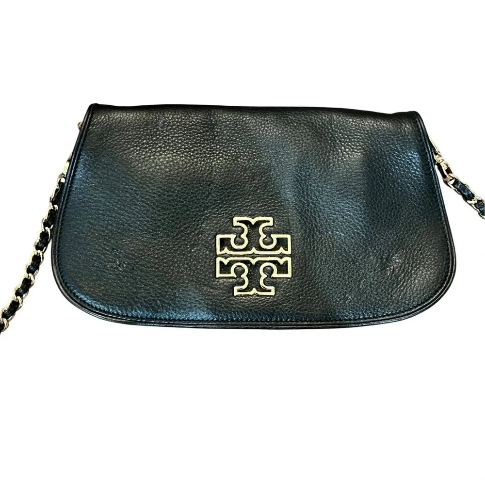 Tory Burch Crossbody Bag Womens Black Pebbled Leather Gold Chain Logo Small